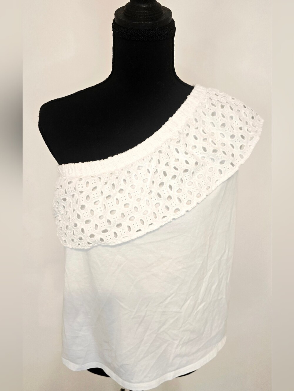 LOFT White Eyelet One Shoulder Top Ruffle Trim Cotton Petites